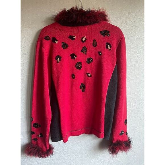 Berek 2 Knit Cardigan Sweater Beaded Animal Sz Large Embellished Red Black - Picture 3 of 7